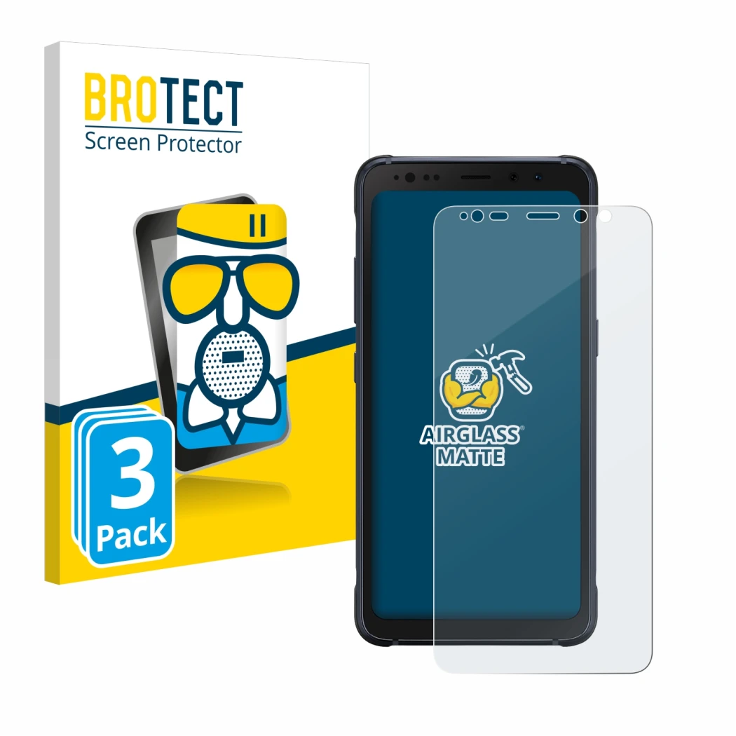 Front side of a product packaging with the brand logo BROTECT. Next to it is the device Samsung Galaxy S8 Active shown with th