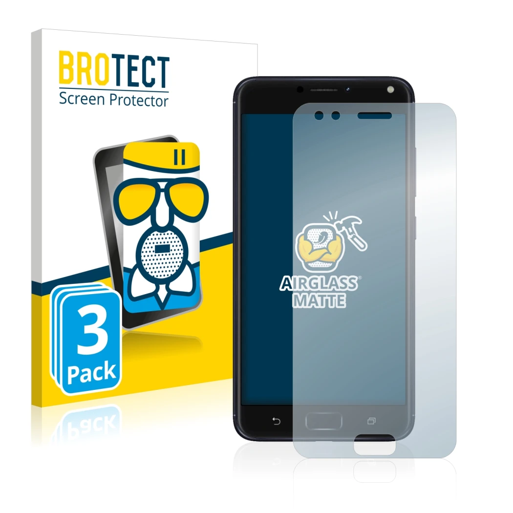 Front side of a product packaging with the brand logo BROTECT. Next to it is the device ASUS ZenFone 4 ZE554KL shown with the 