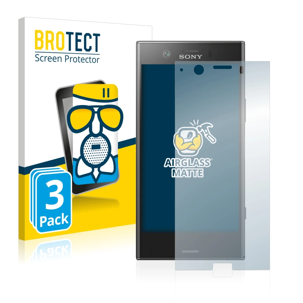 Front side of a product packaging with the brand logo BROTECT. Next to it is the device Sony Xperia XZ1 Compact shown with the