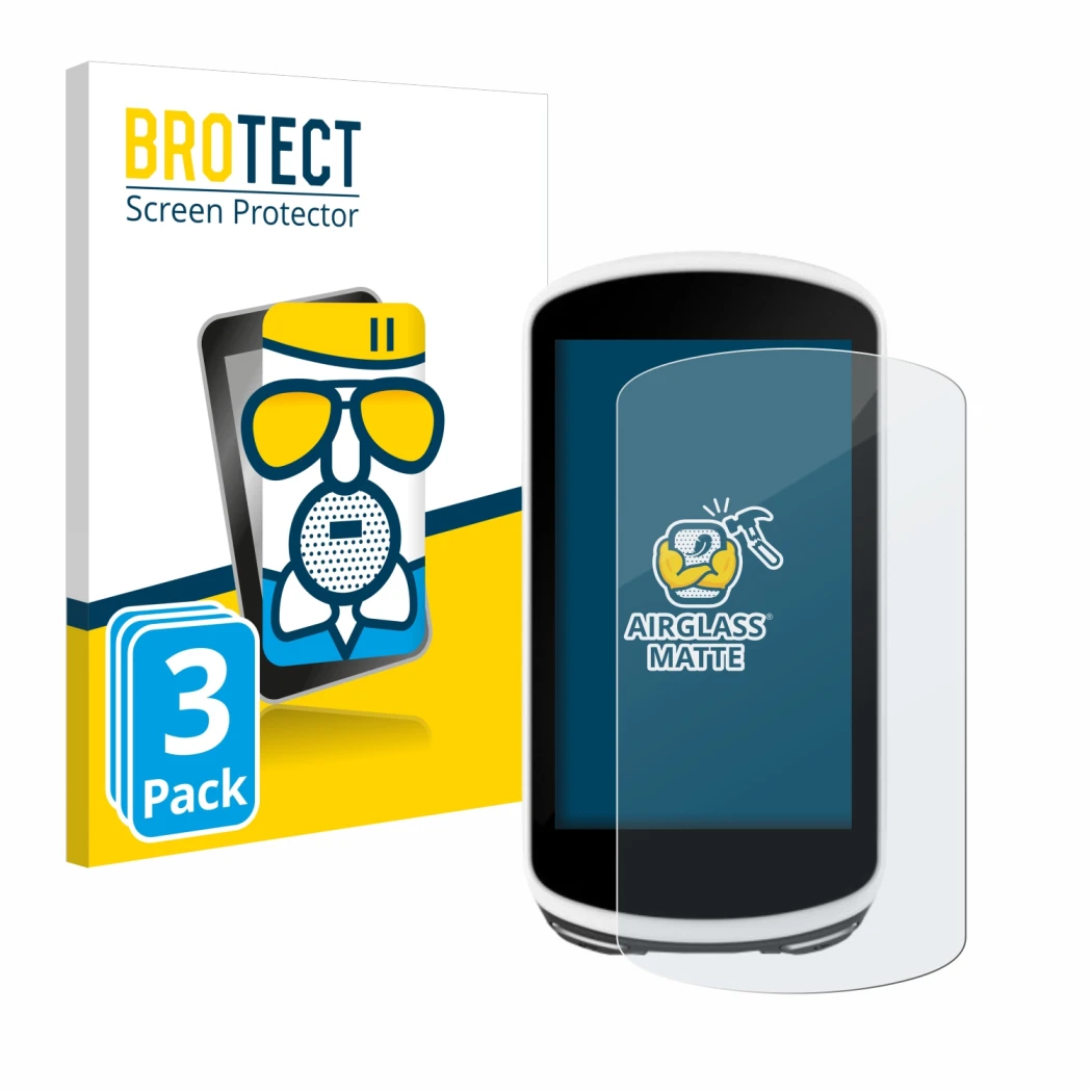 Front side of a product packaging with the brand logo BROTECT. Next to it is the device Garmin Edge 1030 shown with the corres