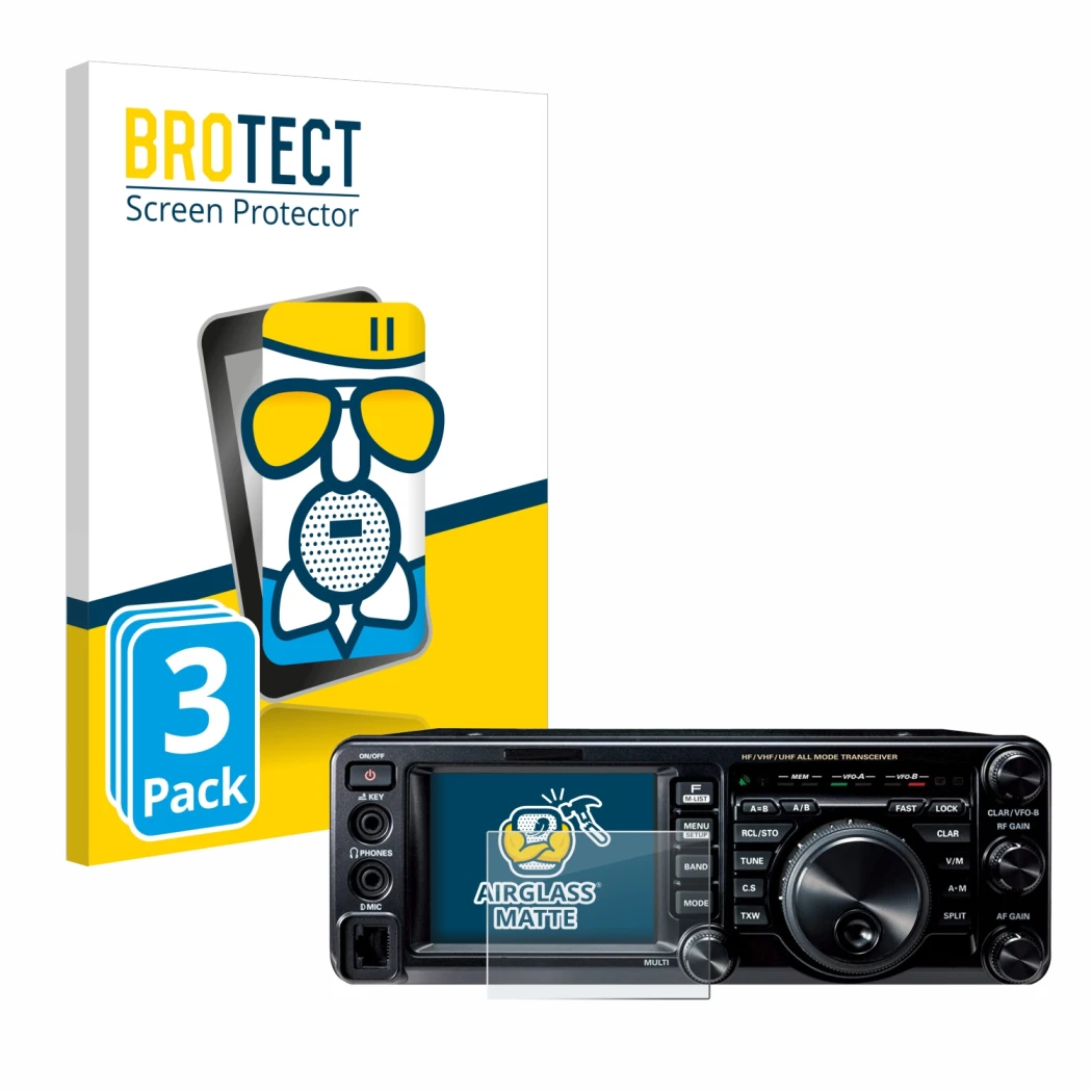 Front side of a product packaging with the brand logo BROTECT. Next to it is the device Yaesu FT-991A shown with the correspon