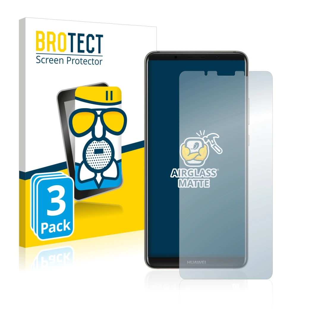 Front side of a product packaging with the brand logo BROTECT. Next to it is the device Huawei Mate 10 Pro shown with the corr