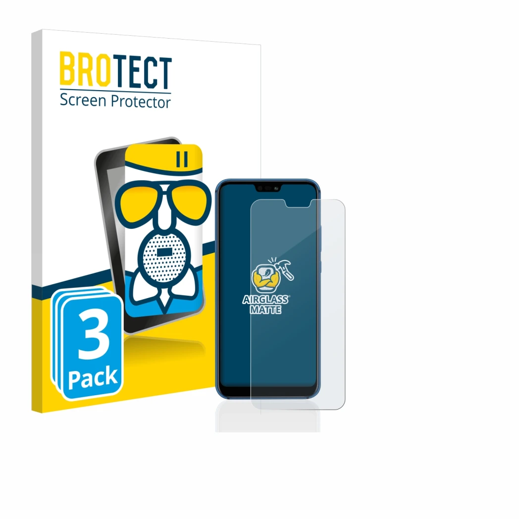 Front side of a product packaging with the brand logo BROTECT. Next to it is the device Huawei P20 lite 2018 shown with the co