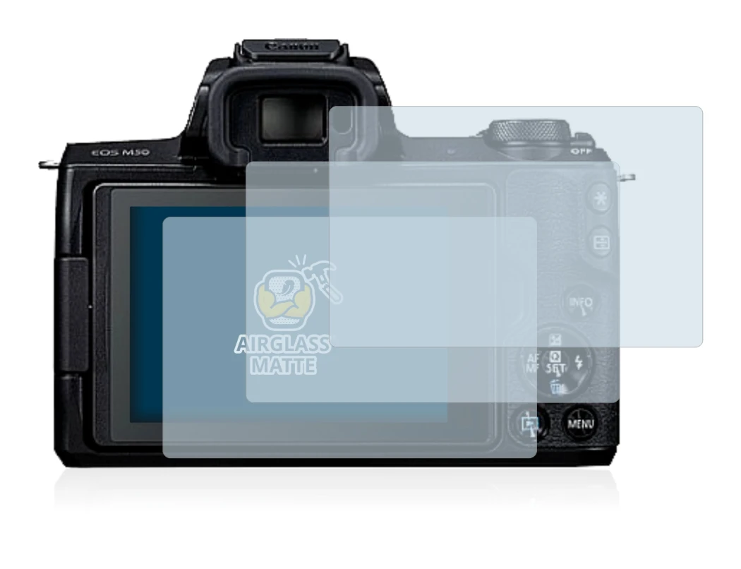 Image of the device Canon EOS M50 with a wide variety of screen protectors.