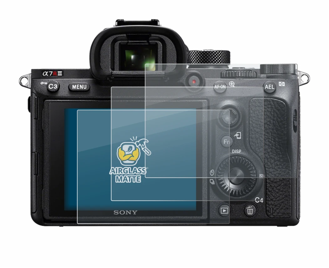 Image of the device Sony Alpha 7R III with a wide variety of screen protectors.
