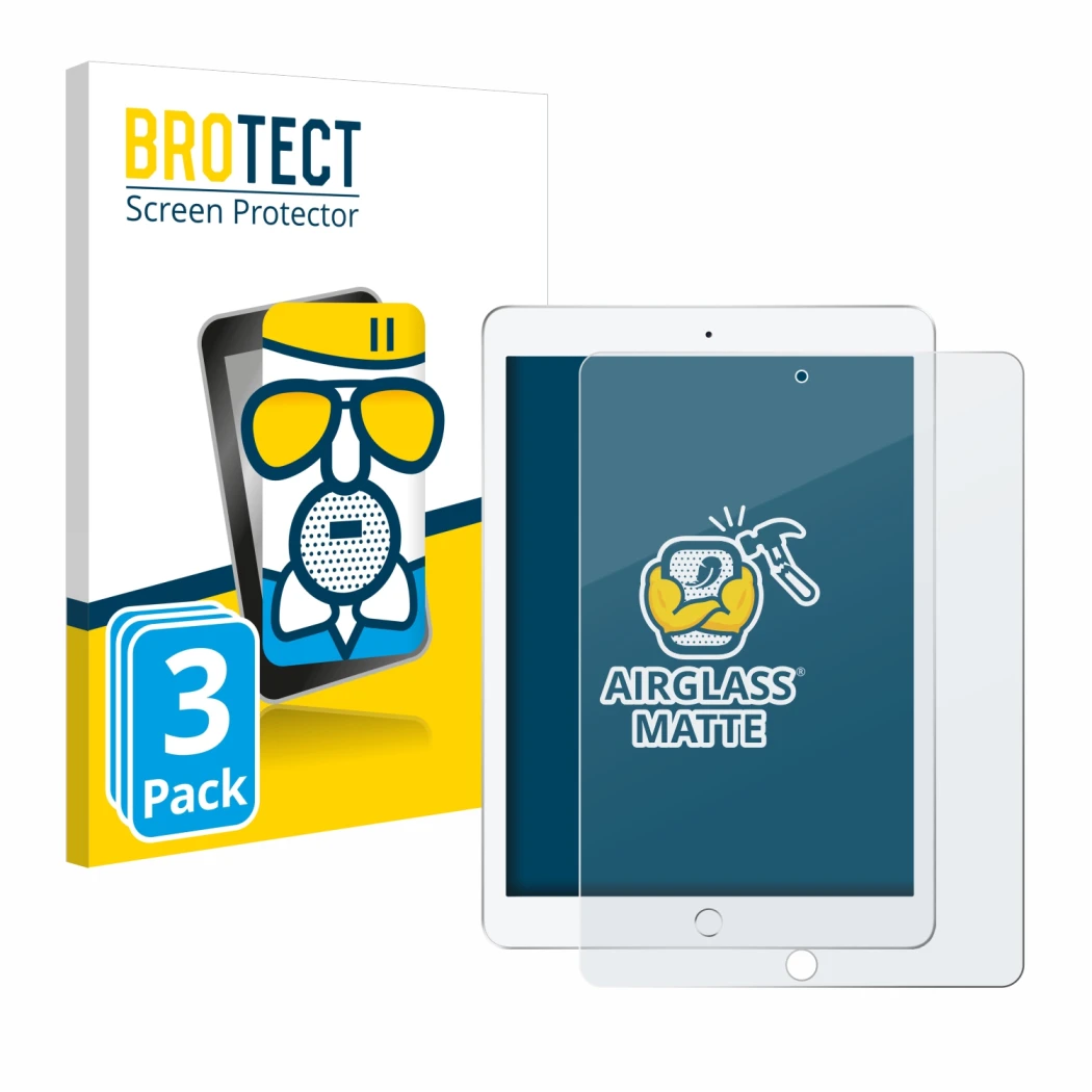 Front side of a product packaging with the brand logo BROTECT. Next to it is the device Apple iPad 9.7