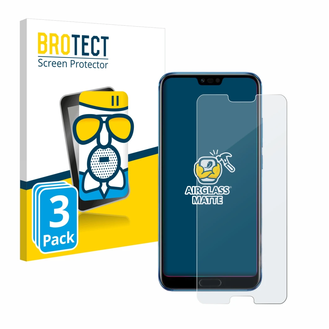 Front side of a product packaging with the brand logo BROTECT. Next to it is the device Honor 10 shown with the corresponding