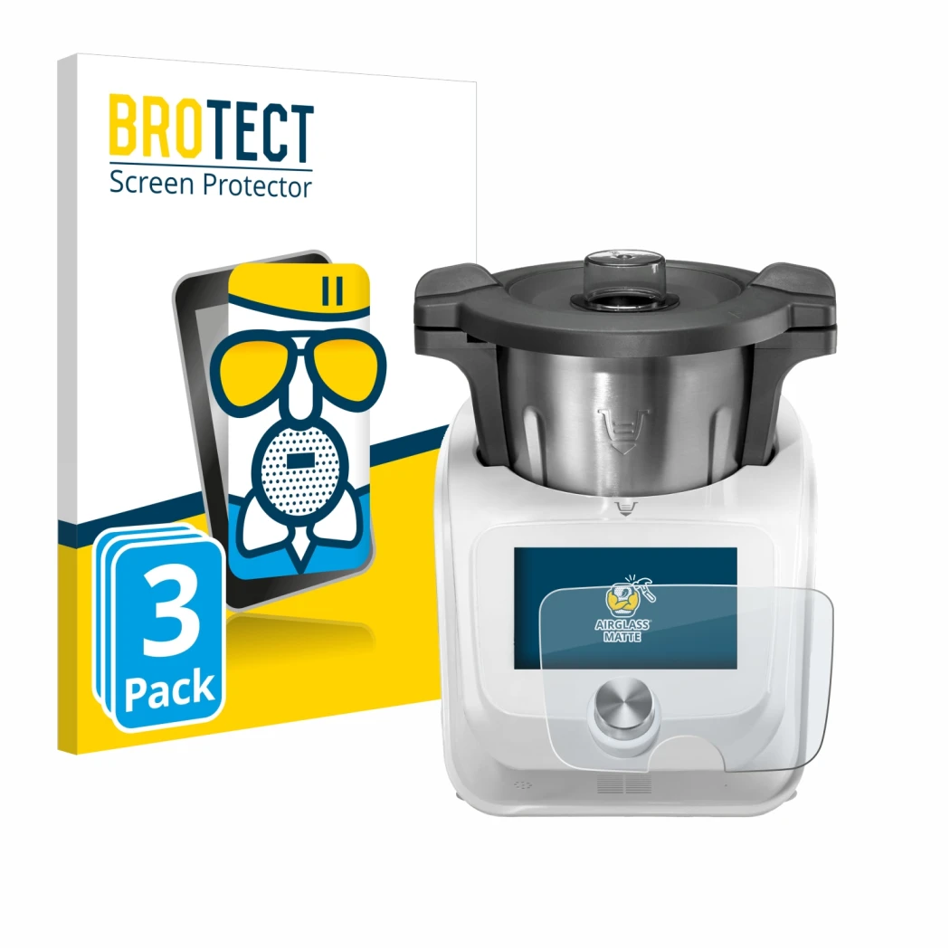 Front side of a product packaging with the brand logo BROTECT. Next to it is the device SilverCrest Monsieur Cuisine Connect s