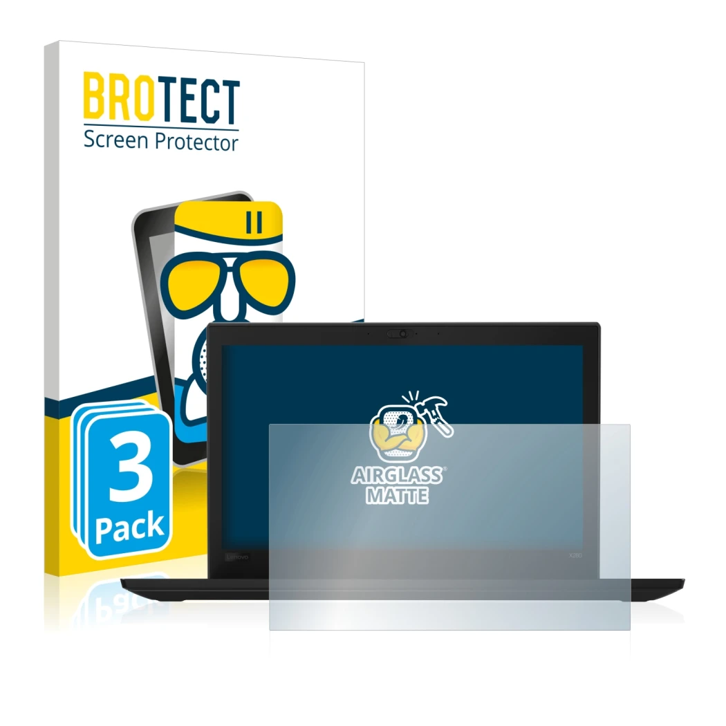 Front side of a product packaging with the brand logo BROTECT. Next to it is the device Lenovo Thinkpad X280 shown with the co