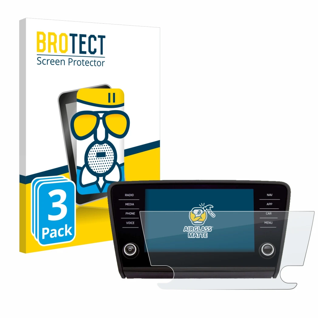 Front side of a product packaging with the brand logo BROTECT. Next to it is the device Skoda Amundsen Superb 2018 Infotainmen