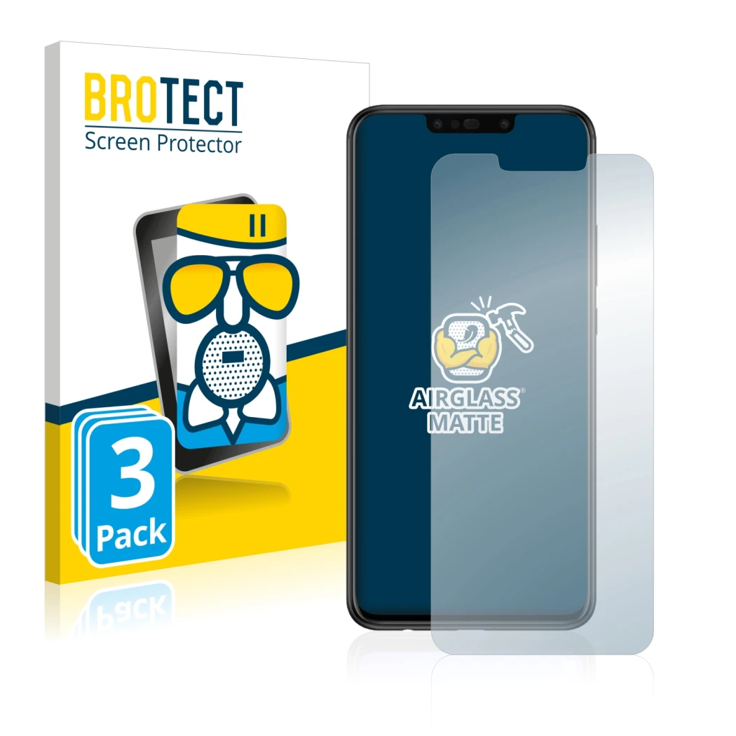 Front side of a product packaging with the brand logo BROTECT. Next to it is the device Huawei P smart Plus 2018 shown with th