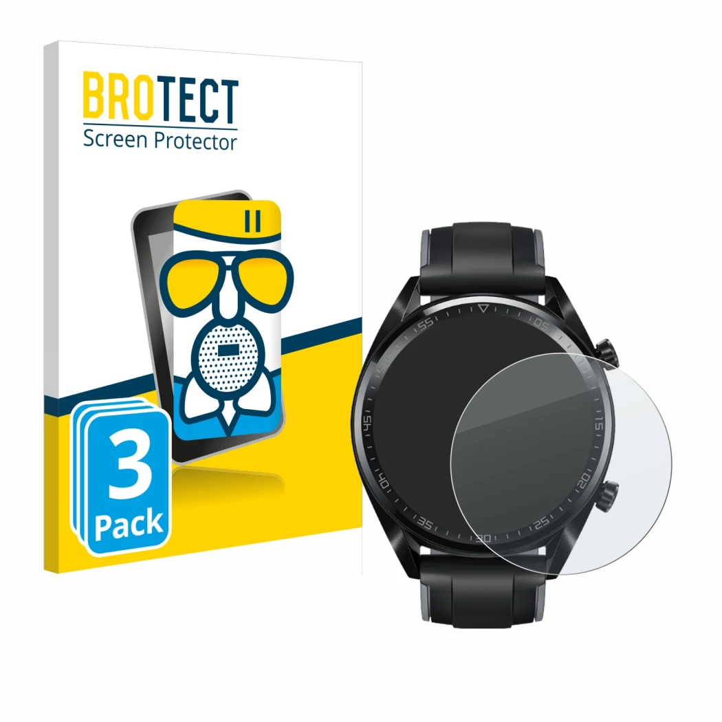 Front side of a product packaging with the brand logo BROTECT. Next to it is the device Huawei Watch GT (46 mm) 2018 shown wit
