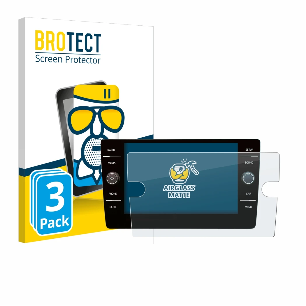 Front side of a product packaging with the brand logo BROTECT. Next to it is the device Volkswagen Golf 7 2019 Discover Media 