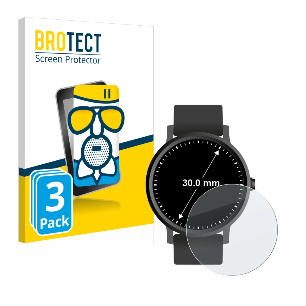 Front side of a product packaging with the brand logo BROTECT. Next to it is the device Circular Displays (ø: 30 mm) shown wit