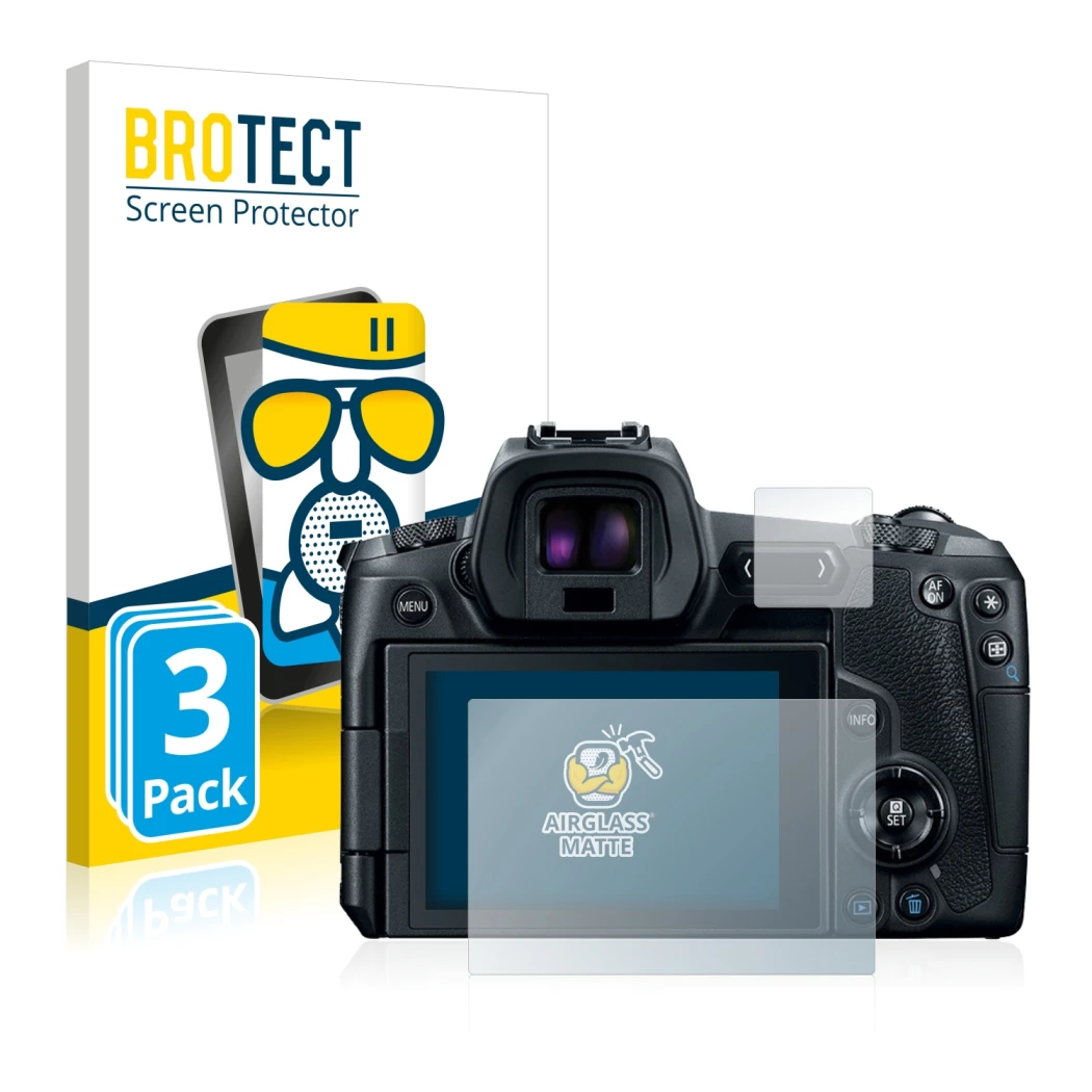 Front side of a product packaging with the brand logo BROTECT. Next to it is the device Canon EOS R shown with the correspondi