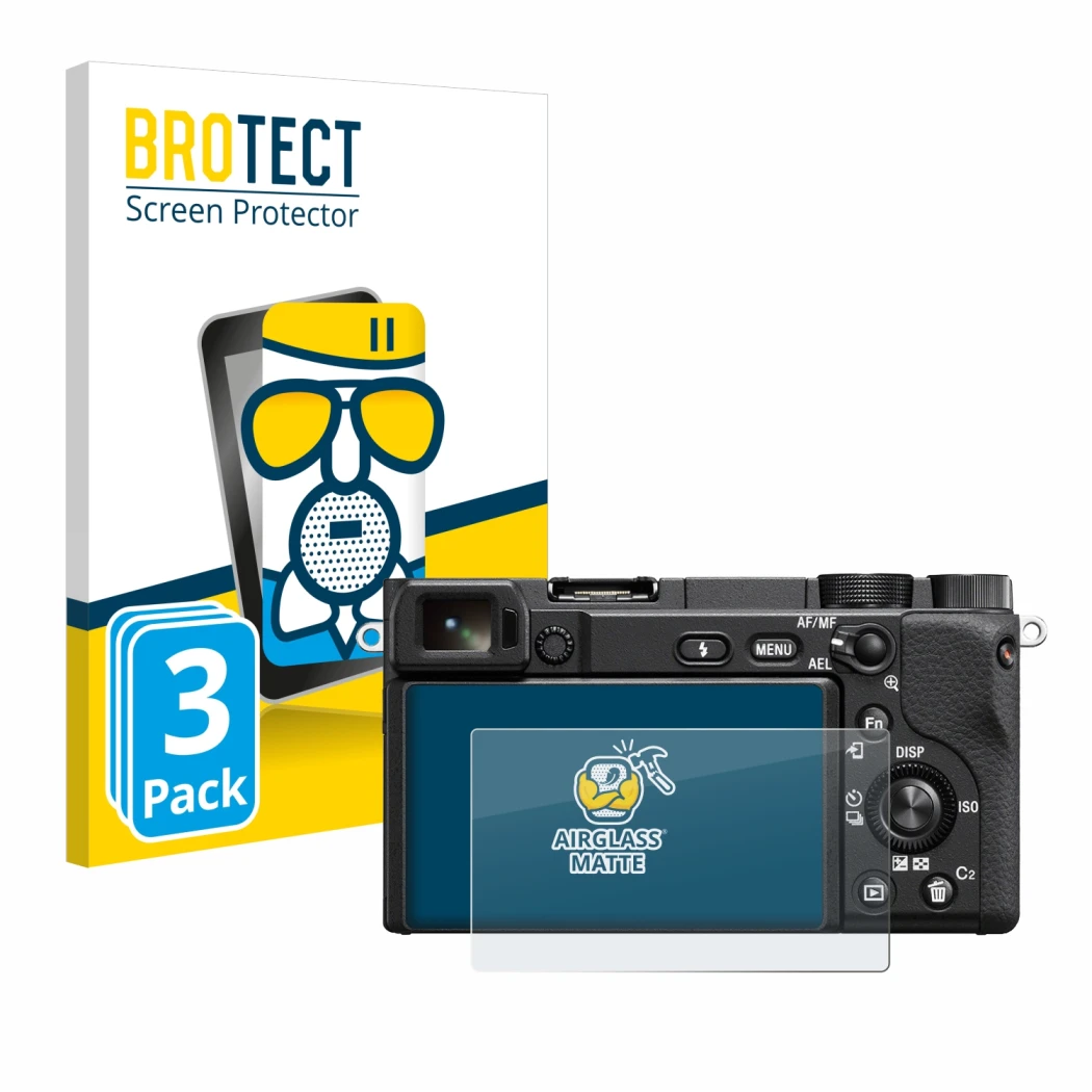 Front side of a product packaging with the brand logo BROTECT. Next to it is the device Sony Alpha 6400 shown with the corresp