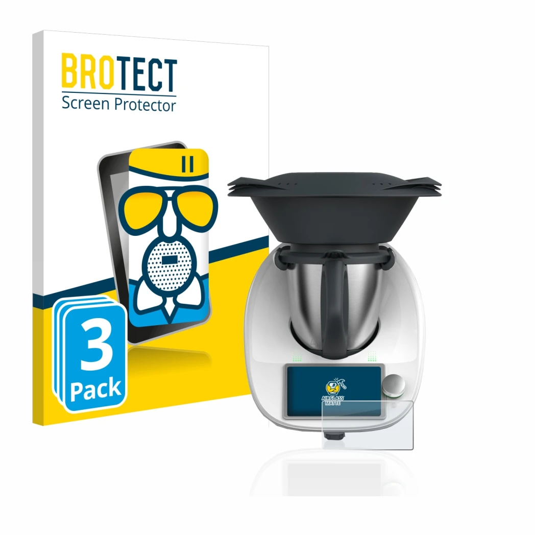 Front side of a product packaging with the brand logo BROTECT. Next to it is the device Vorwerk Thermomix TM6 shown with the c