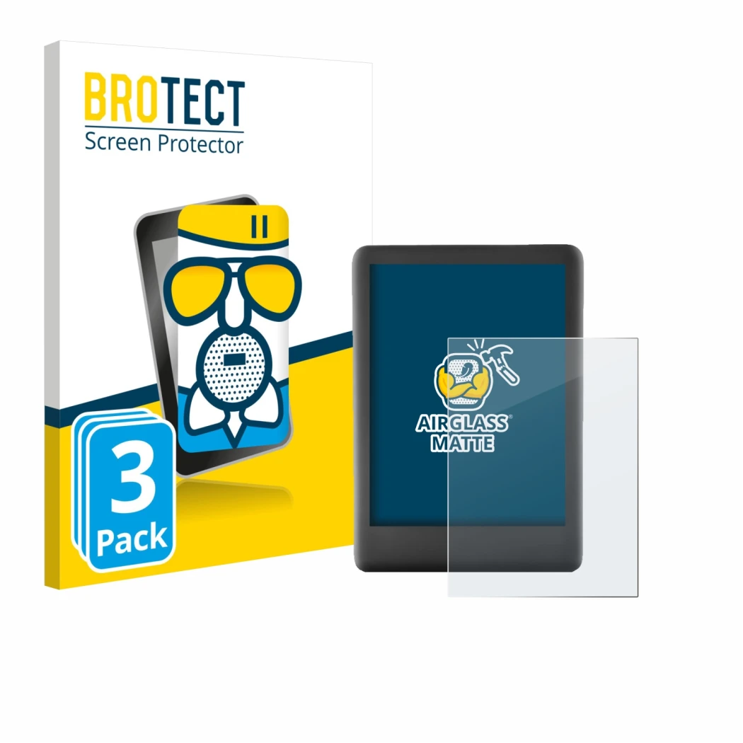 Front side of a product packaging with the brand logo BROTECT. Next to it is the device Amazon Kindle 2019 (10th Gen.) shown w