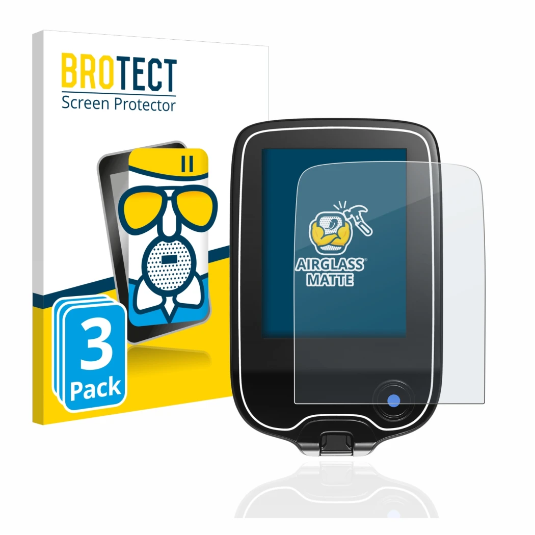 Front side of a product packaging with the brand logo BROTECT. Next to it is the device Freestyle Libre 2 shown with the corre