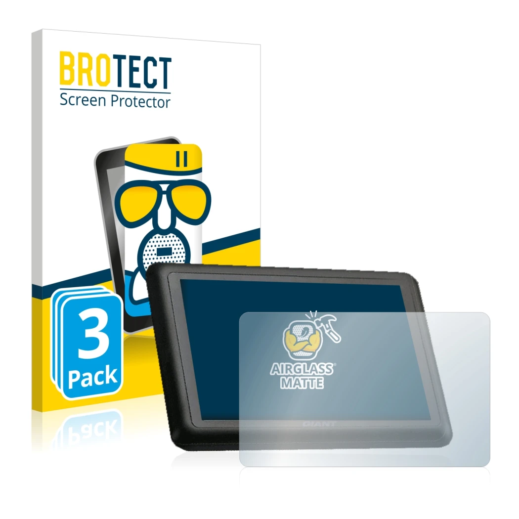 Front side of a product packaging with the brand logo BROTECT. Next to it is the device Giant RideControl Charge shown with th