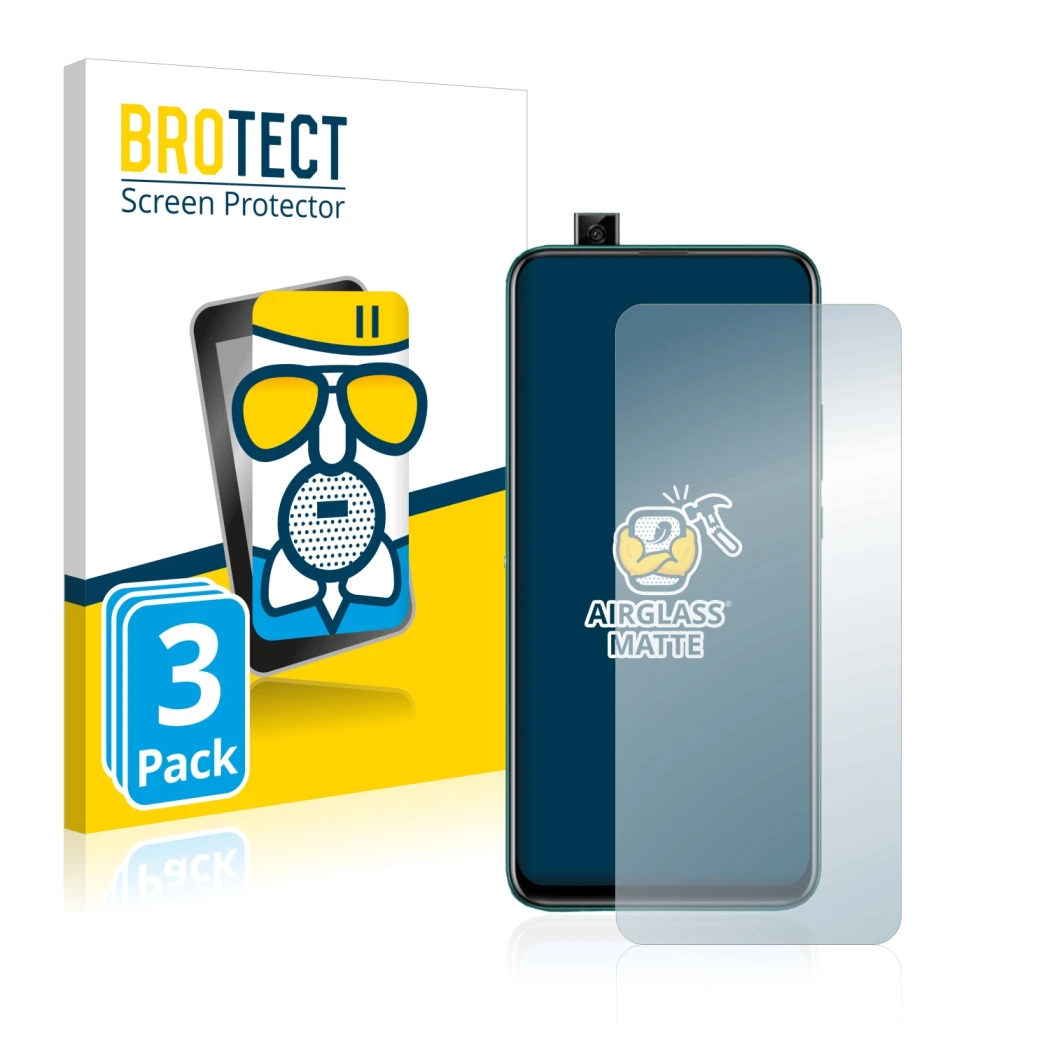 Front side of a product packaging with the brand logo BROTECT. Next to it is the device Huawei P smart Z shown with the corres