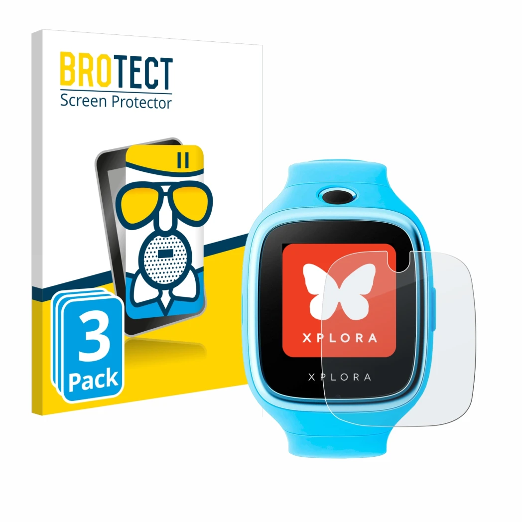 Front side of a product packaging with the brand logo BROTECT. Next to it is the device Xplora Go shown with the corresponding