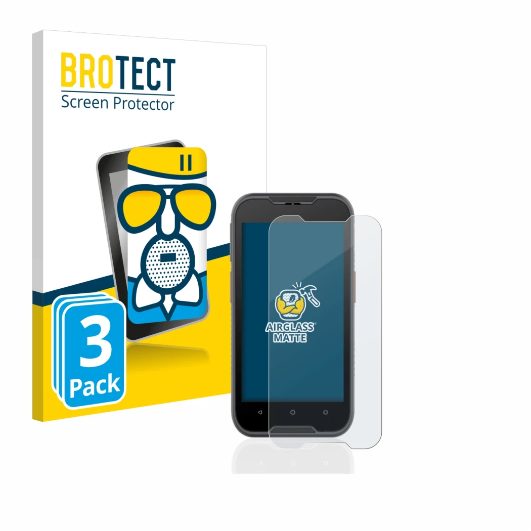 Front side of a product packaging with the brand logo BROTECT. Next to it is the device Datalogic Memor 10 shown with the corr