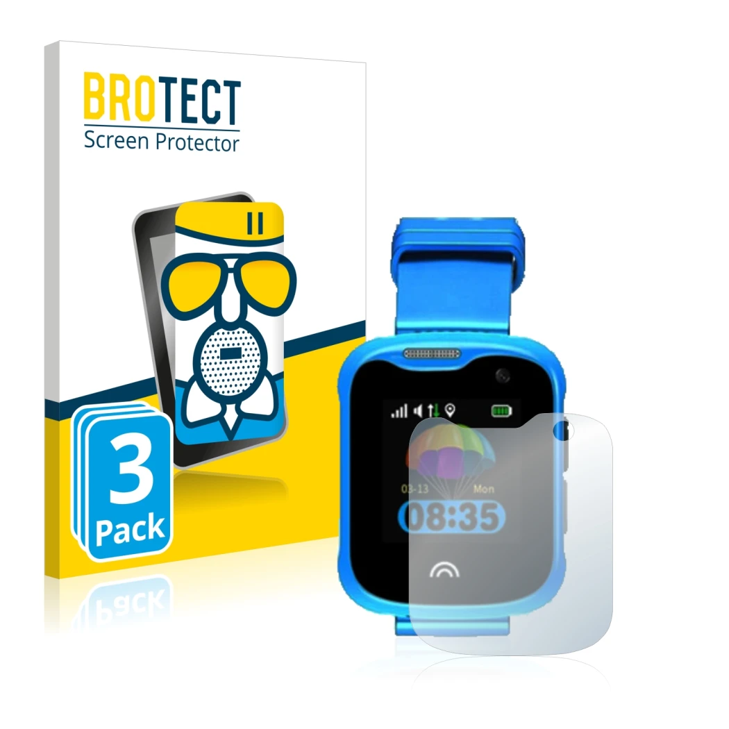 Front side of a product packaging with the brand logo BROTECT. Next to it is the device KiDSnav Ultra shown with the correspon