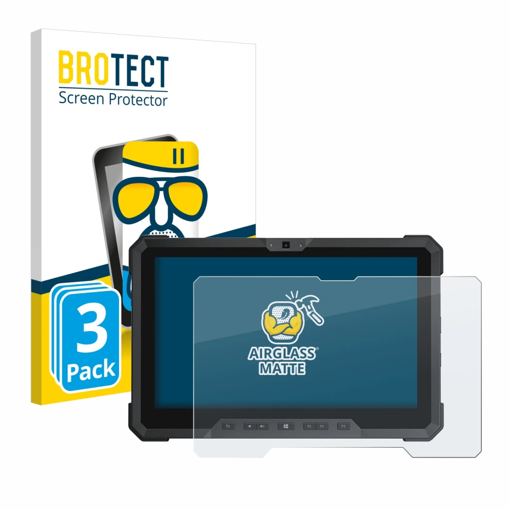 Front side of a product packaging with the brand logo BROTECT. Next to it is the device Dell Latitude 12 Rugged 7212 shown wit