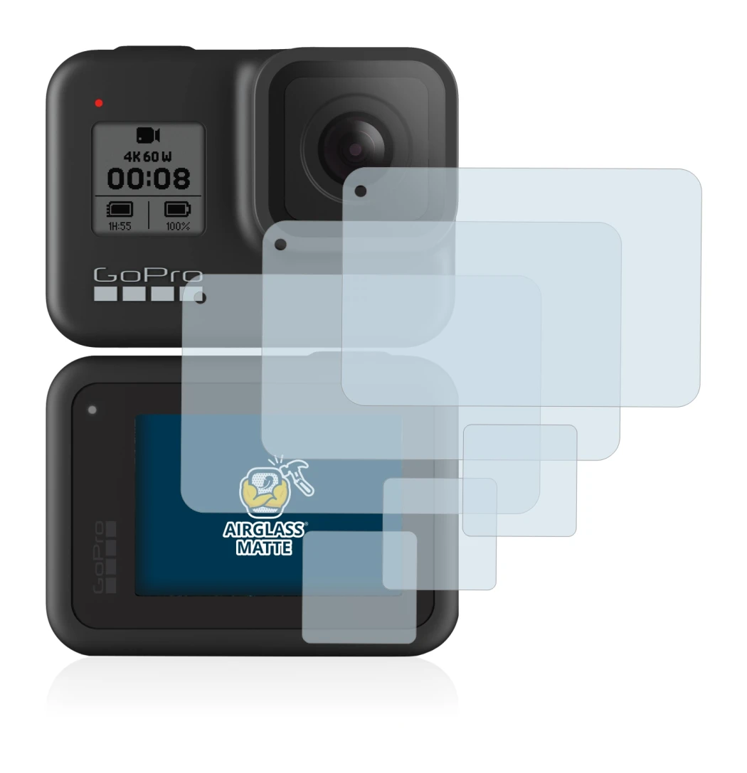 Image of the device GoPro Hero 8 Black with a wide variety of screen protectors.