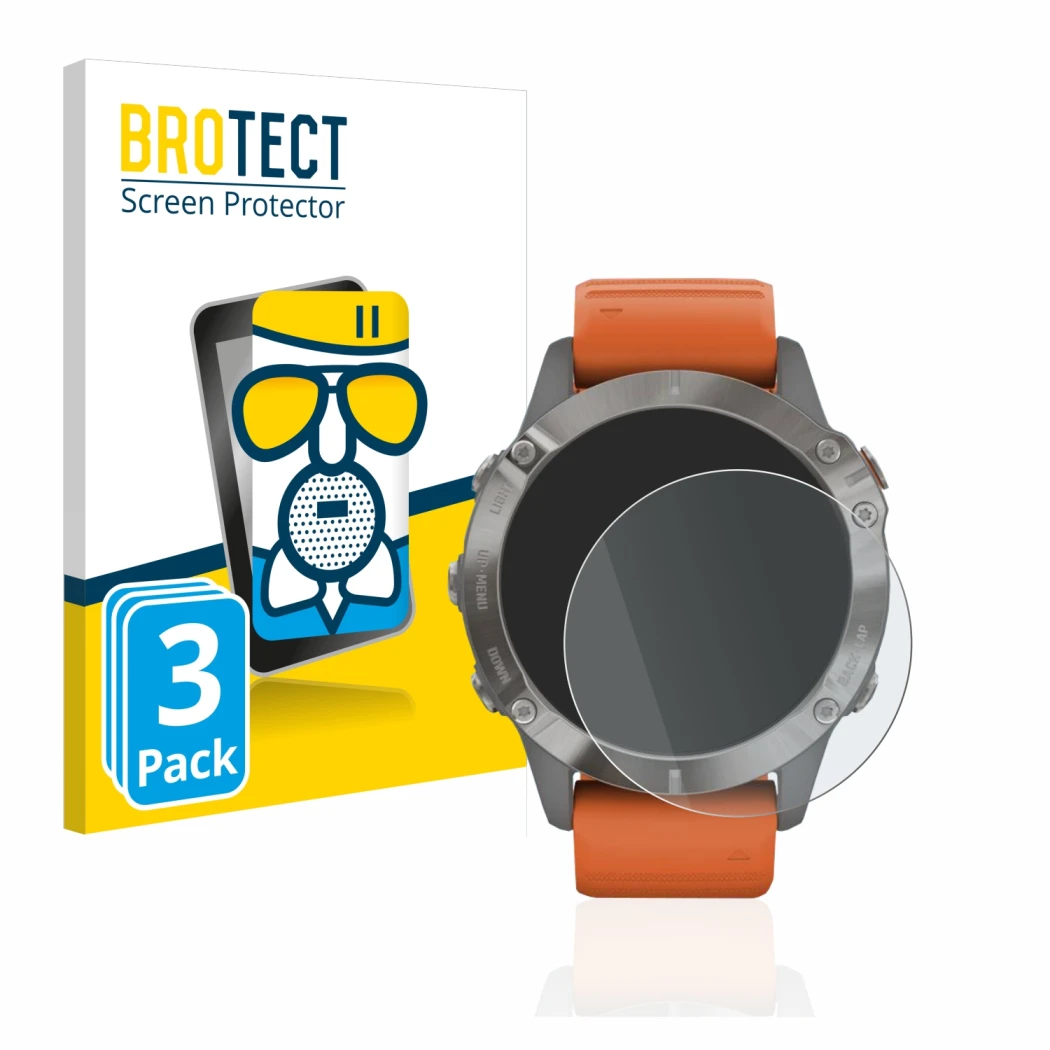 Front side of a product packaging with the brand logo BROTECT. Next to it is the device Garmin Fenix 6 Pro shown with the corr
