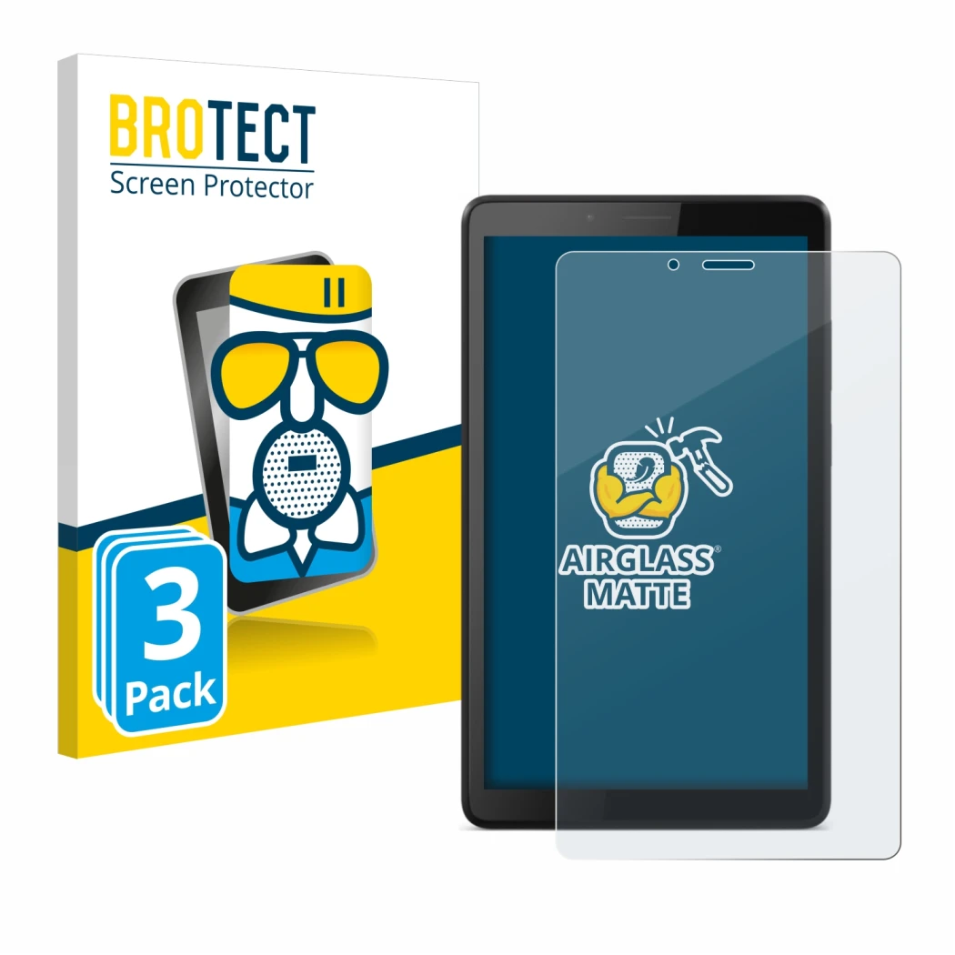 Front side of a product packaging with the brand logo BROTECT. Next to it is the device Lenovo Tab M7 shown with the correspon