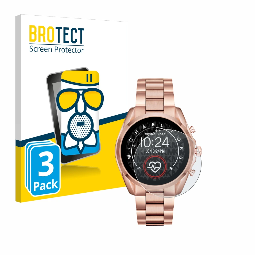 Front side of a product packaging with the brand logo BROTECT. Next to it is the device Michael Kors Access Bradshaw 2 shown w