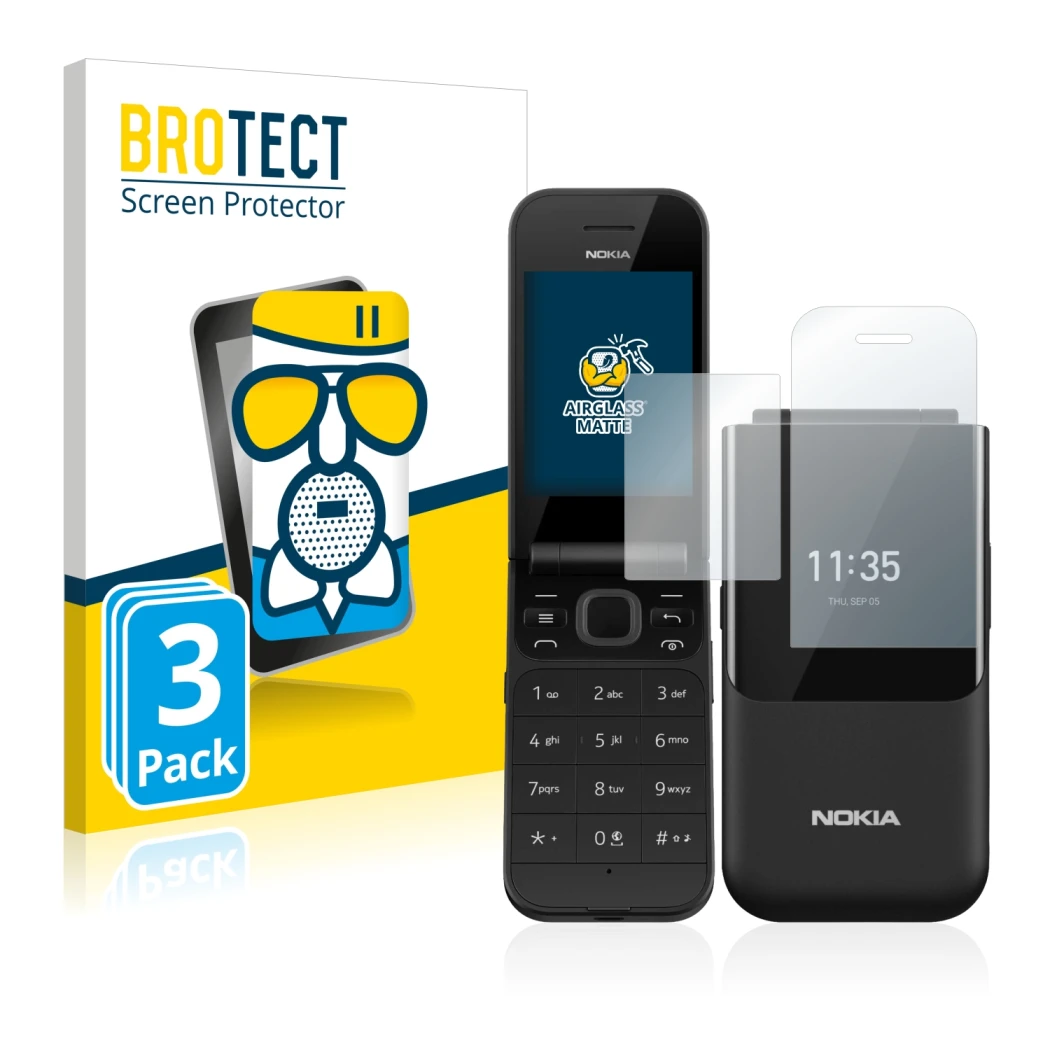 Front side of a product packaging with the brand logo BROTECT. Next to it is the device Nokia 2720 Flip shown with the corresp