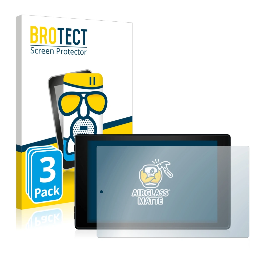 Front side of a product packaging with the brand logo BROTECT. Next to it is the device Amazon Fire HD 10 2019 (9th Gen.) show