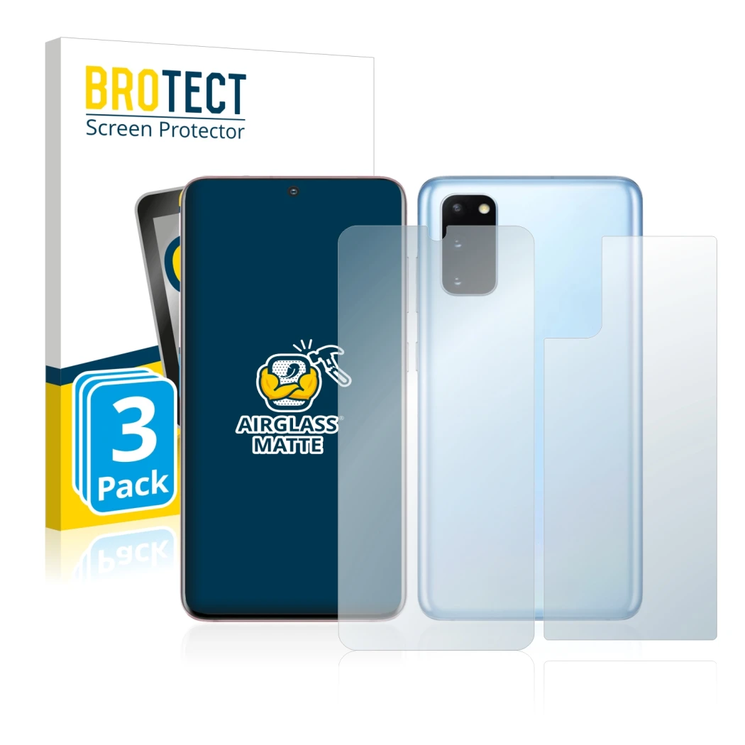 Front side of a product packaging with the brand logo BROTECT. Next to it is the device Samsung Galaxy S20 (Front+Back) shown