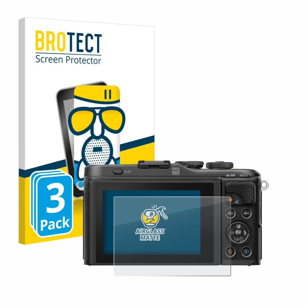 Front side of a product packaging with the brand logo BROTECT. Next to it is the device Olympus PEN E-PL10 shown with the corr
