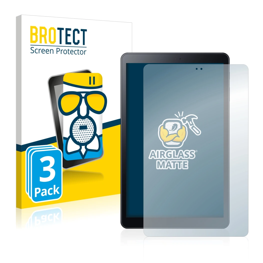 Front side of a product packaging with the brand logo BROTECT. Next to it is the device Samsung Galaxy Tab A 10.5 WiFi 2018 sh