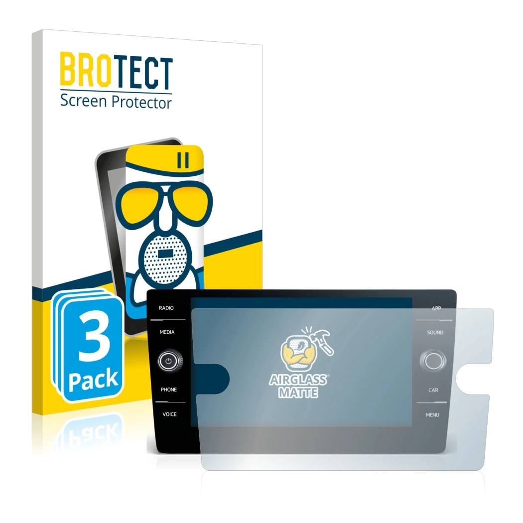 Front side of a product packaging with the brand logo BROTECT. Next to it is the device Volkswagen Golf 2017-2019 Discover Med