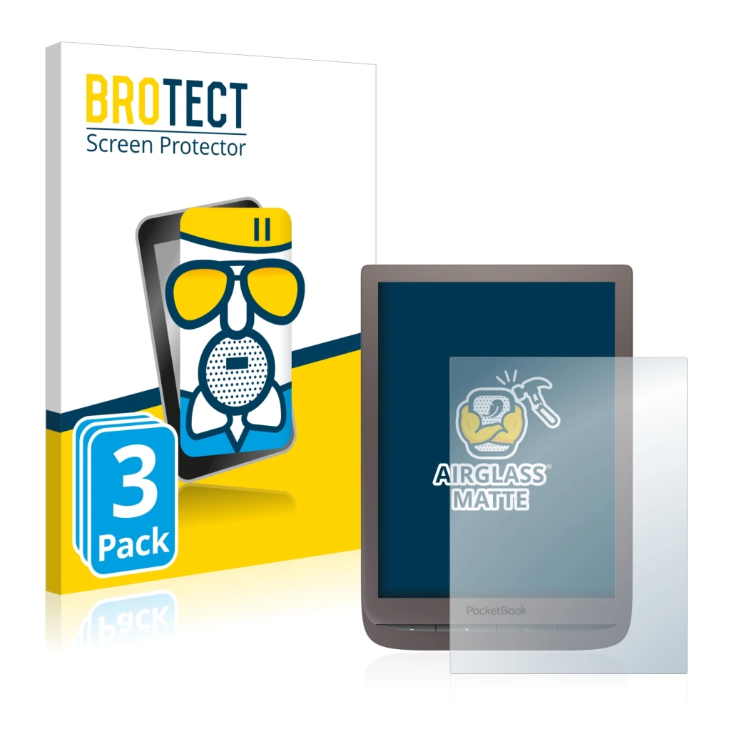 Front side of a product packaging with the brand logo BROTECT. Next to it is the device PocketBook InkPad 3 Pro shown with the