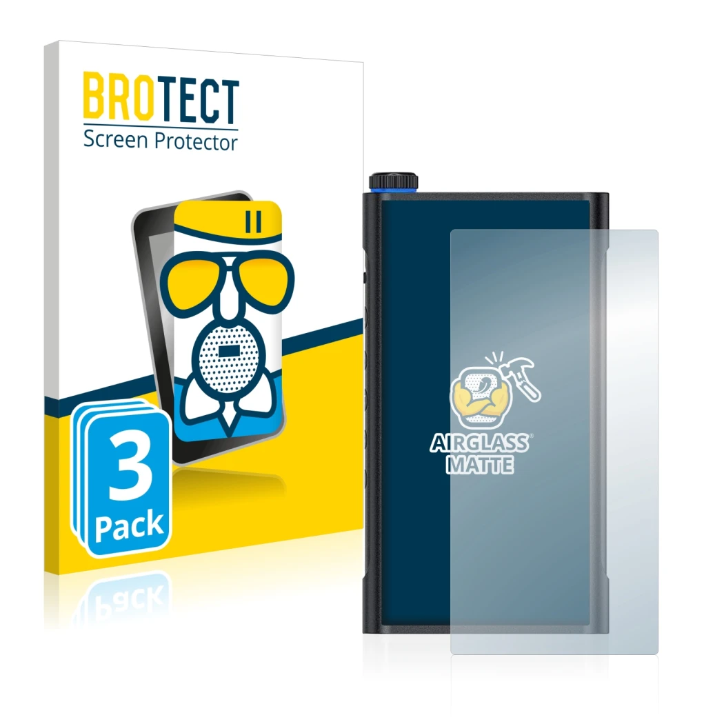 Front side of a product packaging with the brand logo BROTECT. Next to it is the device FiiO M15 shown with the corresponding