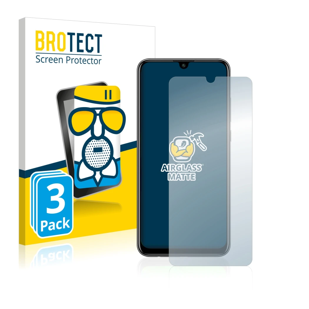 Front side of a product packaging with the brand logo BROTECT. Next to it is the device Huawei P smart 2020 shown with the cor