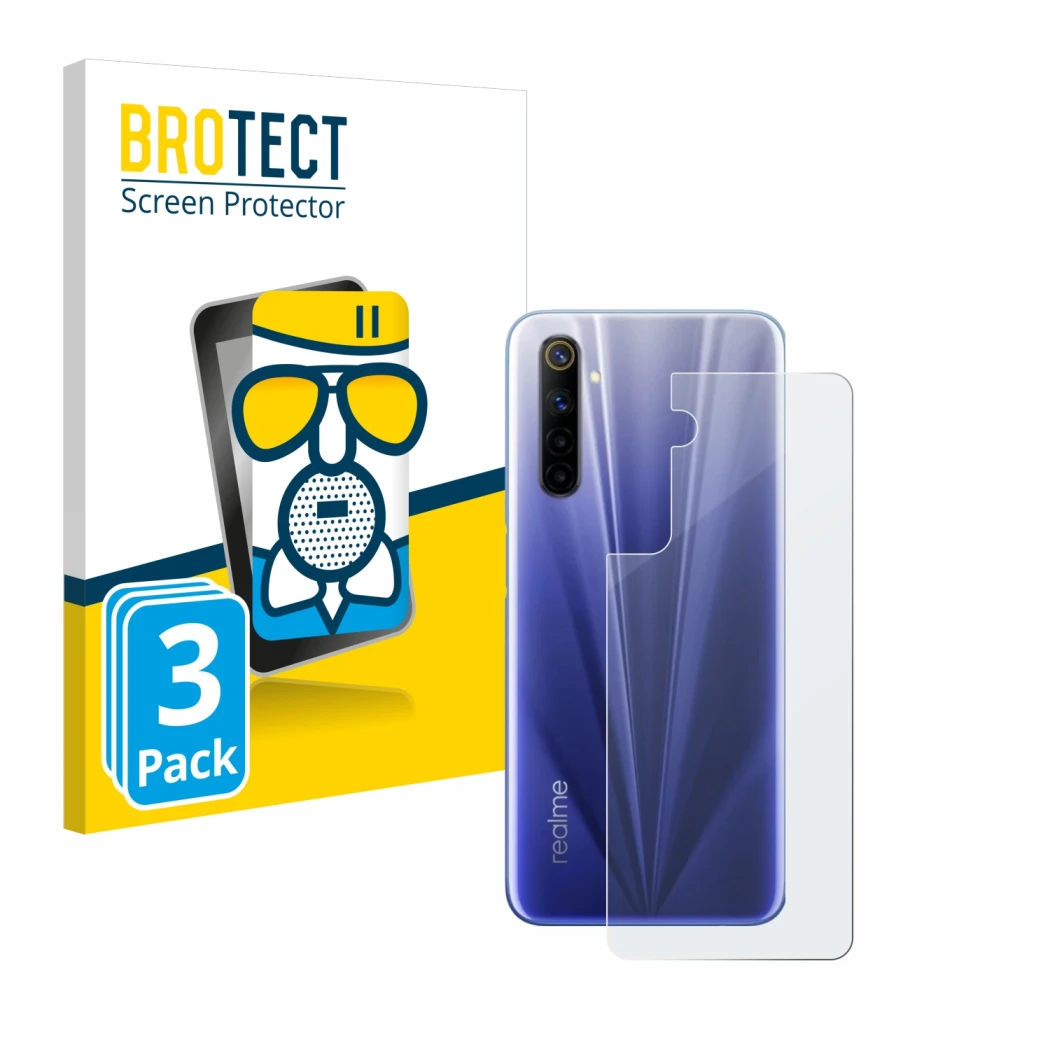 Front side of a product packaging with the brand logo BROTECT. Next to it is the device realme 6 (Back) shown with the corresp