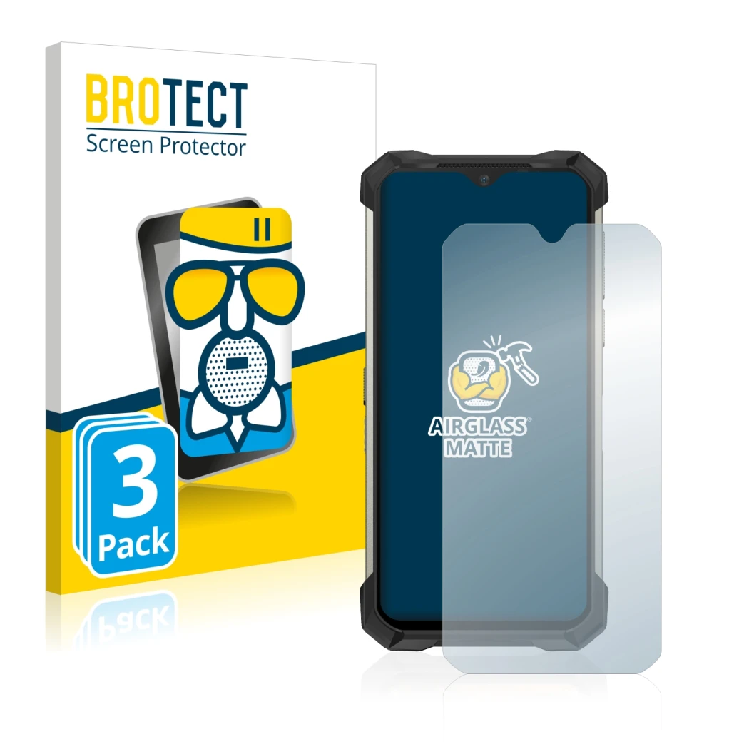 Front side of a product packaging with the brand logo BROTECT. Next to it is the device Doogee S88 Pro shown with the correspo