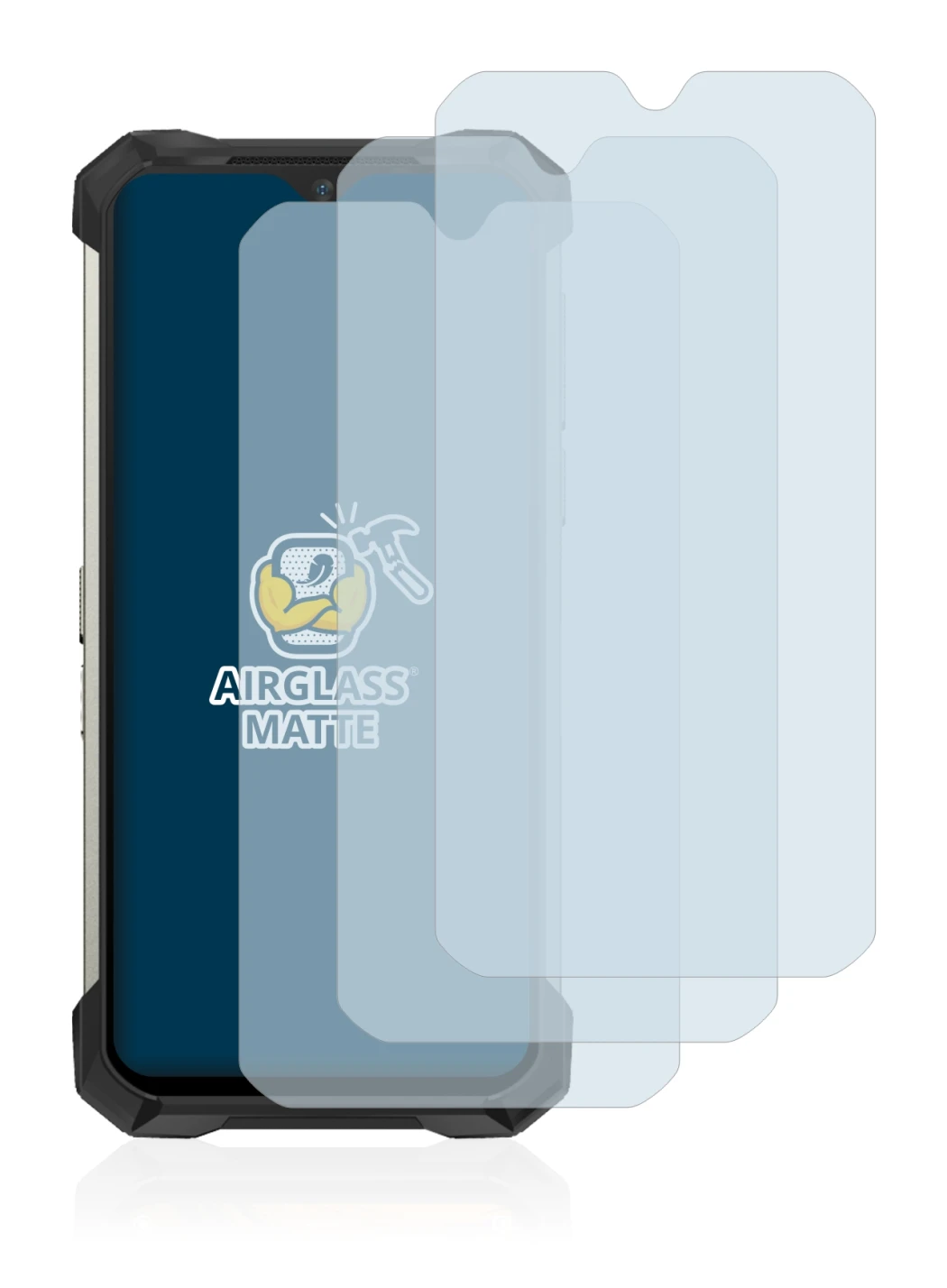 Image of the device Doogee S88 Pro with a wide variety of screen protectors.