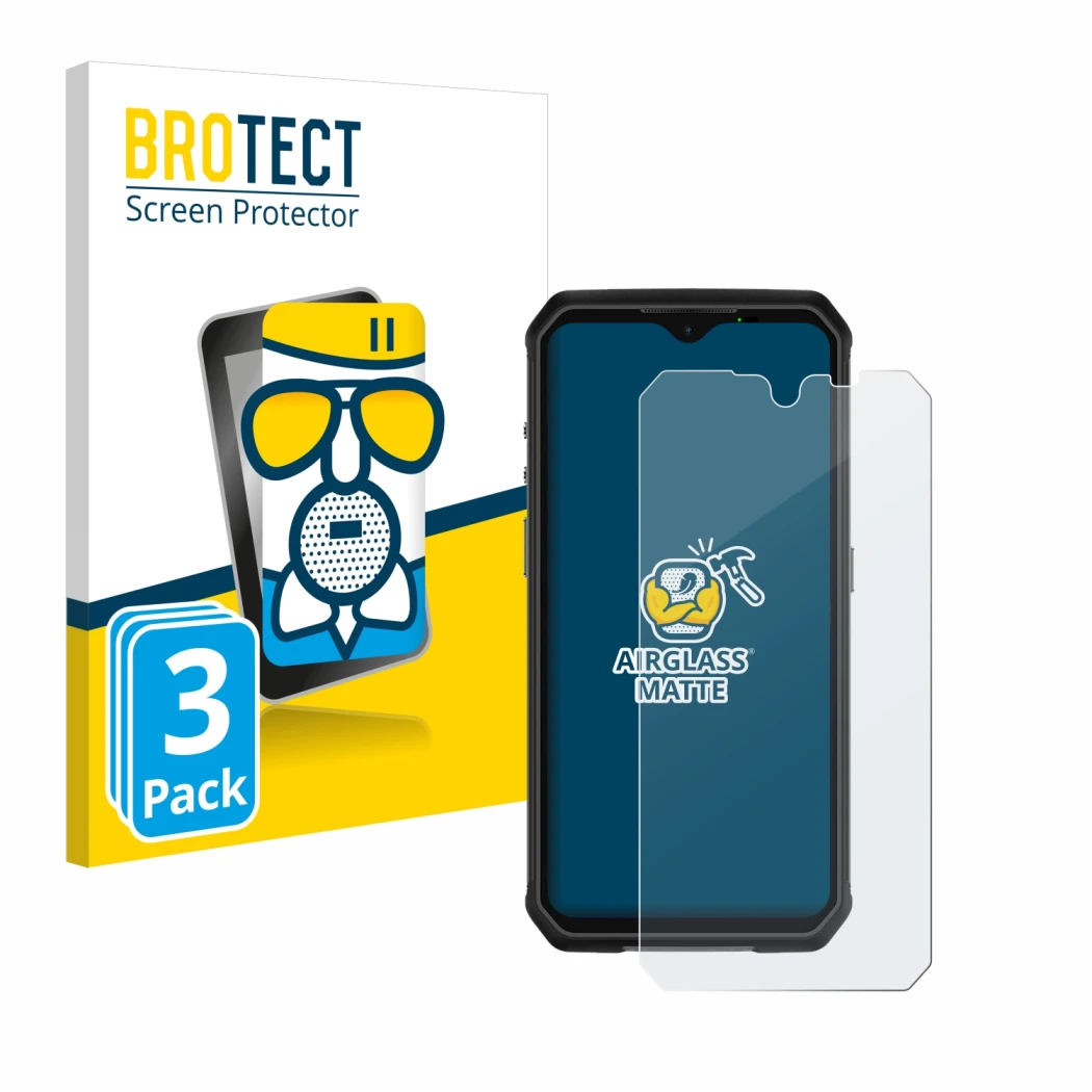 Front side of a product packaging with the brand logo BROTECT. Next to it is the device Ulefone Armor 9 shown with the corresp