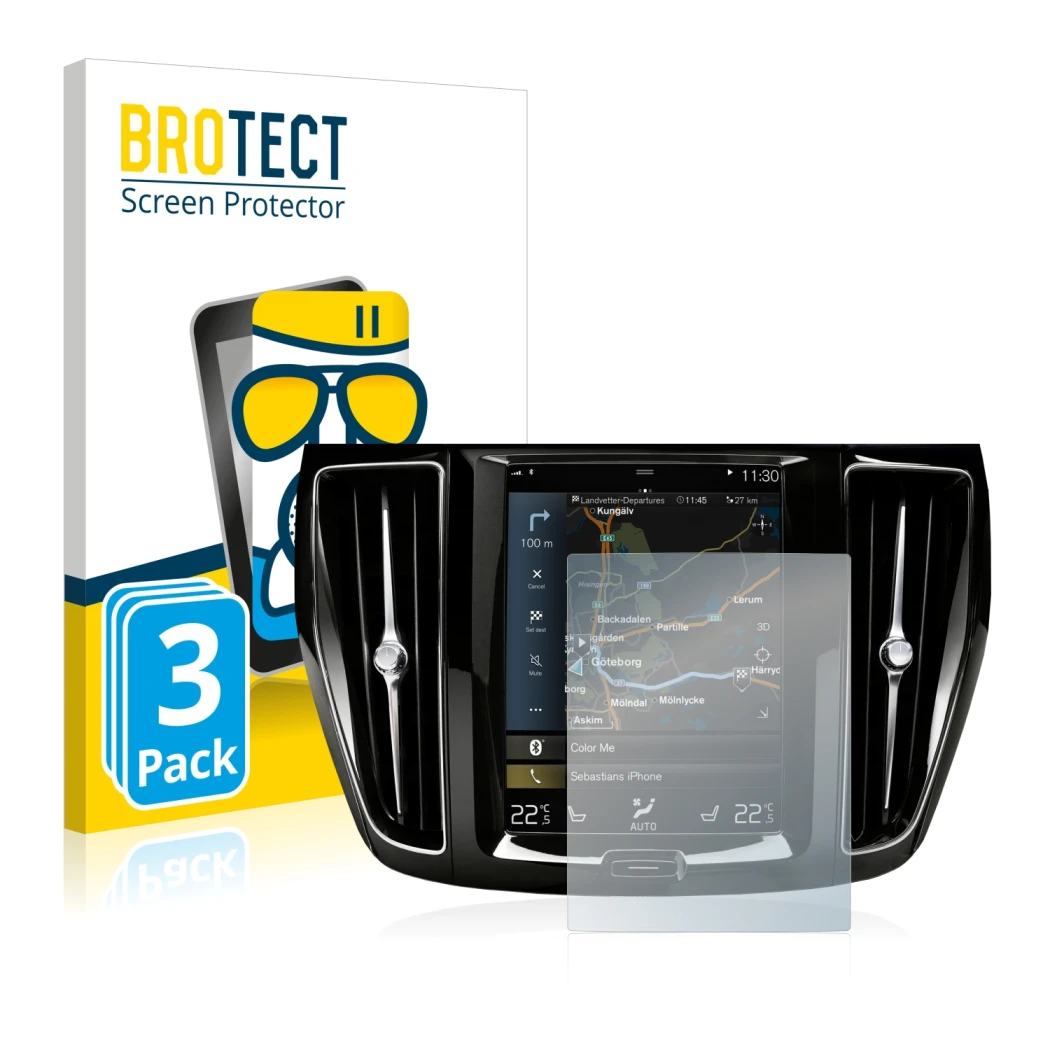 Front side of a product packaging with the brand logo BROTECT. Next to it is the device Volvo S60 Sensus Connect 2020 shown wi