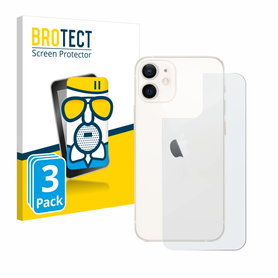 Front side of a product packaging with the brand logo BROTECT. Next to it is the device Apple iPhone 12 mini (Back) shown with