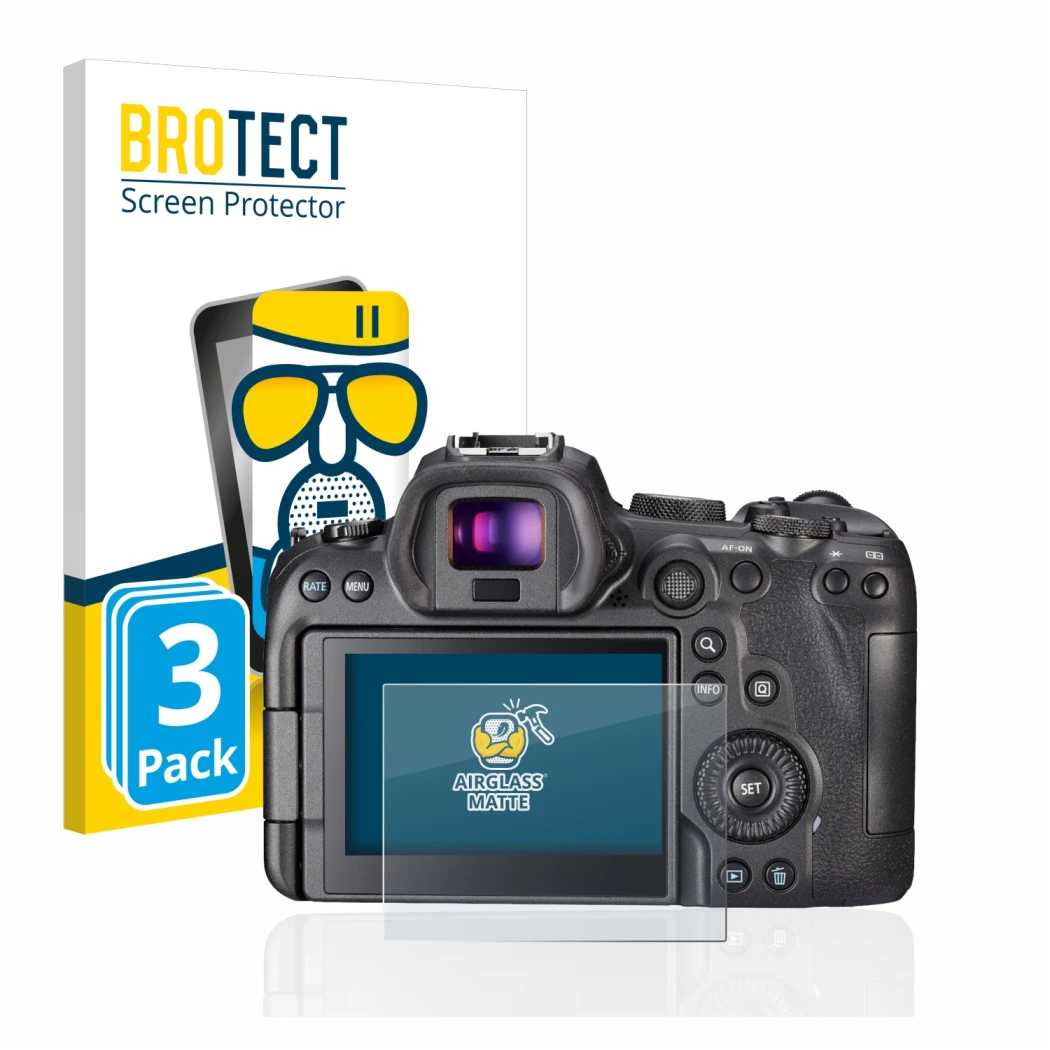 Front side of a product packaging with the brand logo BROTECT. Next to it is the device Canon EOS R6 shown with the correspond