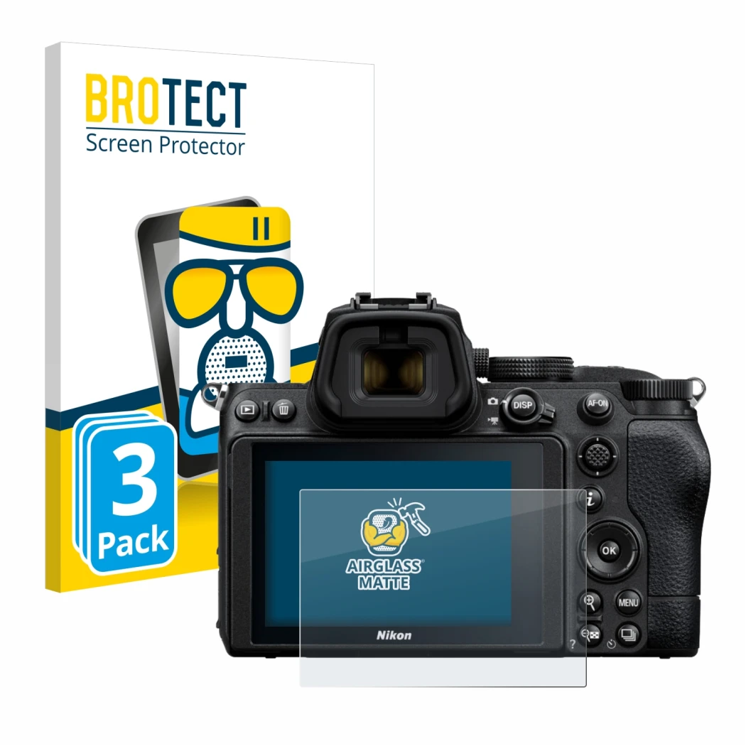 Front side of a product packaging with the brand logo BROTECT. Next to it is the device Nikon Z 5 shown with the corresponding